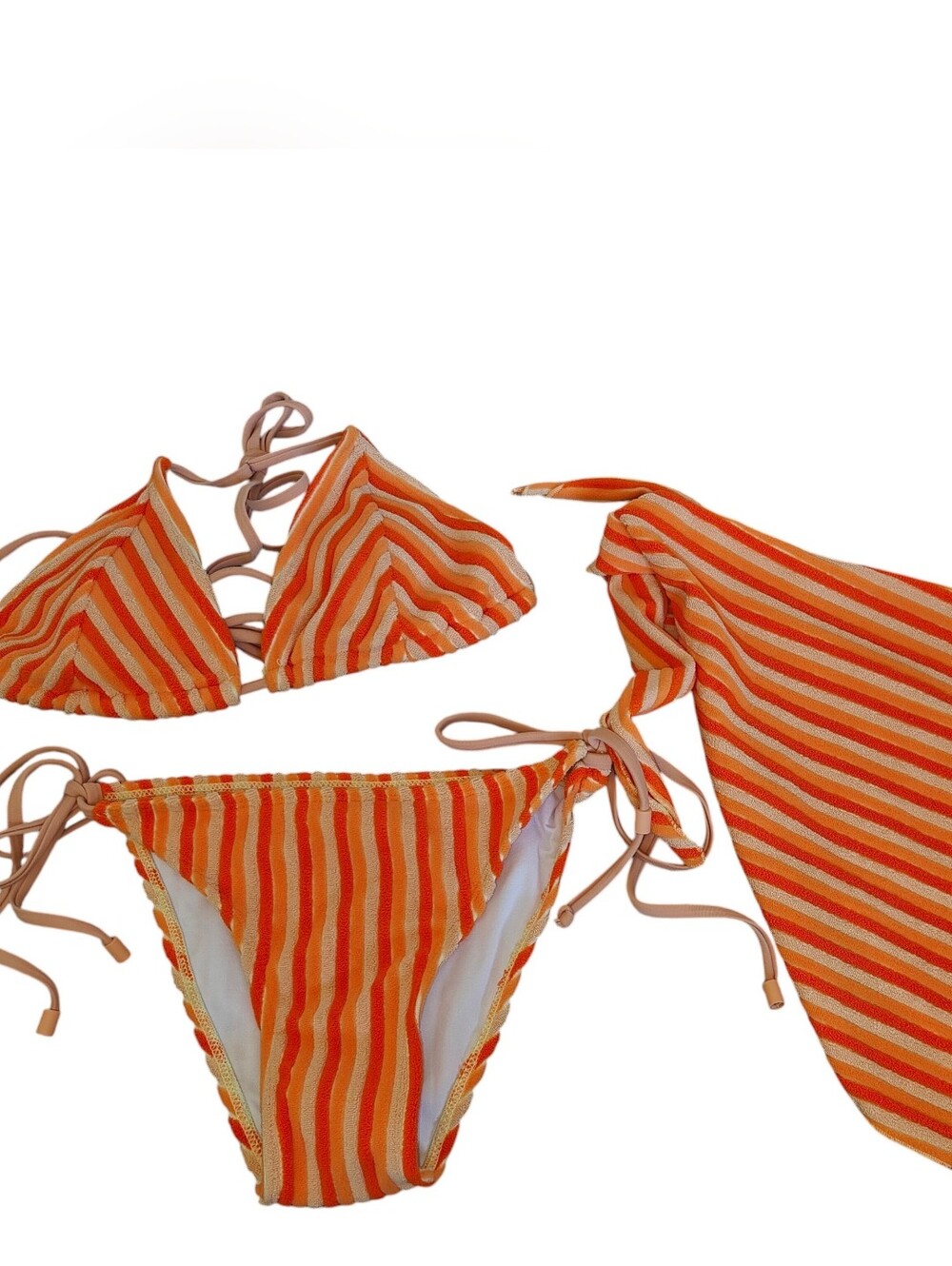Amazon 3-piece Orange Striped Triangle Tie Bikini Set and Matching Tie Wrap M